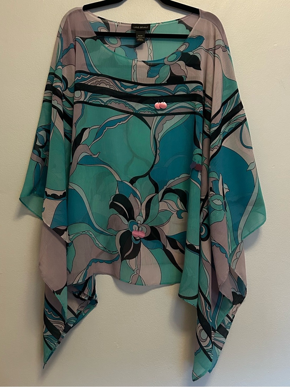Lane Bryant teal, black, and pink floral  Pucci- style blouse